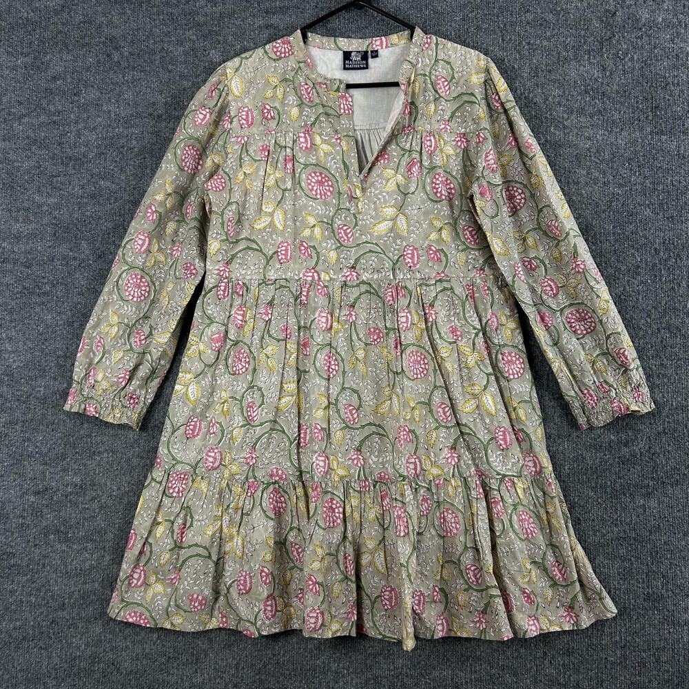 Madison Mathews Dress Large Floral Block Print Mini Boho Trapeze Cottagecore